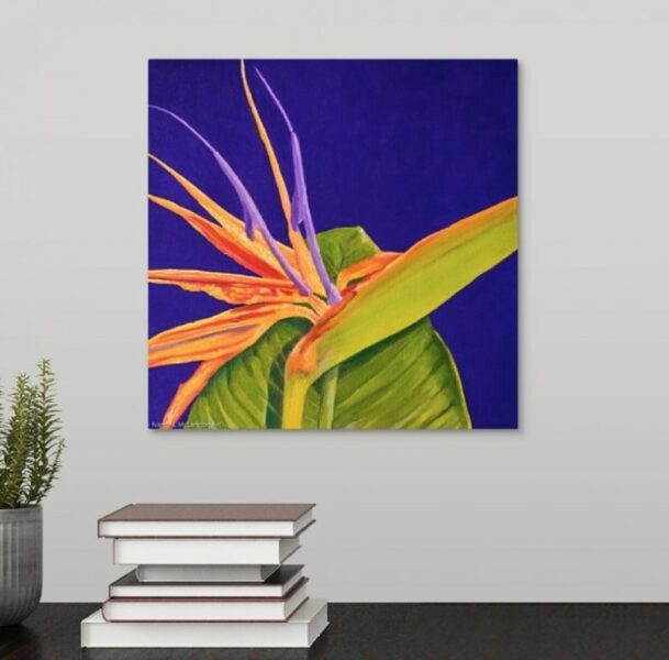 Original oil painting on wall over desk

12" x 12" x 5/8" original oil painting

Oil paint on canvas on wood stretcher bars

A single Bird of Paradise on a dark purple field

No need to frame

Image continued or painted on sides

Certificate of Authenticity included with purchase of original

All rights reserved by Nancy L. McLennon