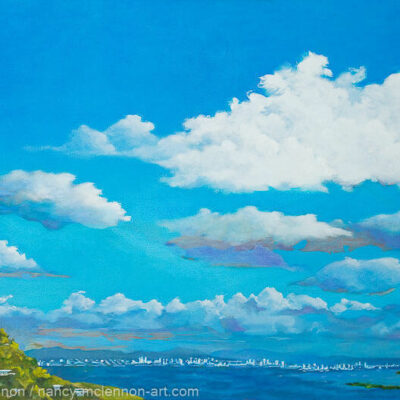 24" x 36" x 5/8" original oil painting

Oil paint on canvas on wood stretcher bars

A cool soothing blue sky and white cloud landscape. The painting is an image of the Bay facing the Marin interior coast, San Francisco, and the Bay Bridge.

No need to frame

Image continued or painted on sides

Certificate of Authenticity included with purchase of original

All rights reserved by Nancy L. McLennon