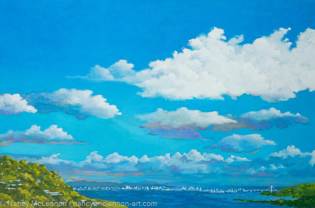 24" x 36" x 5/8" original oil painting

Oil paint on canvas on wood stretcher bars

A cool soothing blue sky and white cloud landscape. The painting is an image of the Bay facing the Marin interior coast, San Francisco, and the Bay Bridge.

No need to frame

Image continued or painted on sides

Certificate of Authenticity included with purchase of original

All rights reserved by Nancy L. McLennon