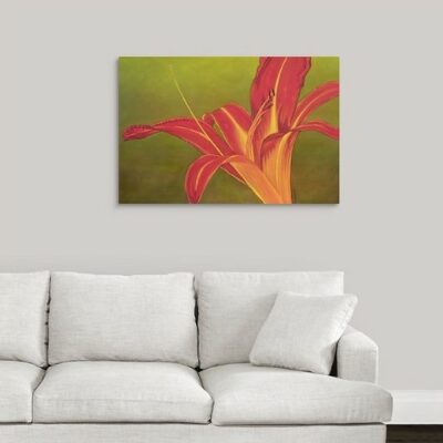 24" x 36" x 5/8" original oil painting  Oil paint on canvas on wood stretcher bars  A single, open Ruby spider daylily on a field  No need to frame  Image continued or painted on sides  Certificate of Authenticity included with purchase of original  All rights reserved by Nancy L. McLennon  409