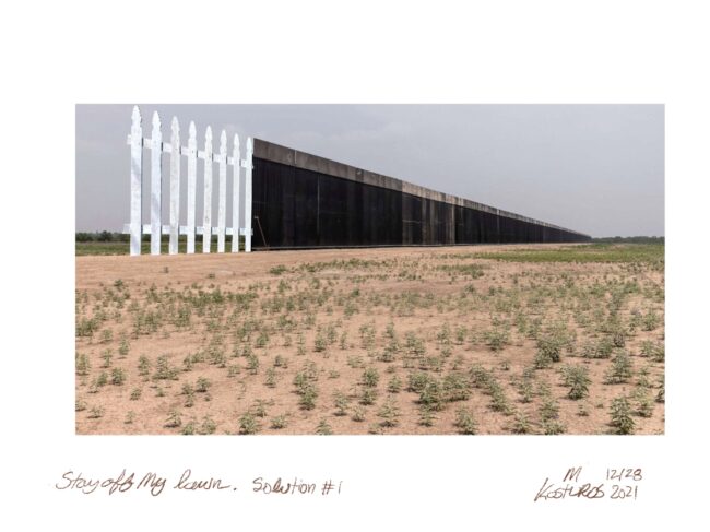 From the "Keep Off My Lawn" series. 2021 by M. Kosturos

A proposal for a friendly and affordable way to plug the holes in the US - Mexico border wall. This is a work in progress, not the final image. I will release it in an edition of 3.

#keepoffmylawn #buildthewall #marinopenstudios #SFAIalumni

See more of my work on Instagram. https://www.instagram.com/mkosturosartist/