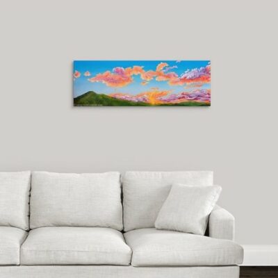 Mt Tamalpais winter sunset - Left, hanging over a couch - For an in person preview, you can see this painting at the MOS Gallery in the Corte Madera Town Center, open NOW through May 11th!

12″H x 36″W x 1-1/2″D original oil painting

Oil paint on stretched canvas mounted on wood bars

A blue sky filled with colorful clouds over a bright sunset over Mt Tamalpais landscape.

No need to frame

Certificate of Authenticity included with purchase of original

All rights reserved by Nancy L. McLennon