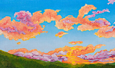 Mt Tamalpais winter sunset - Left - For an in person preview, you can see this painting at the MOS Gallery in the Corte Madera Town Center, open NOW through May 11th!

12″H x 36″W x 1-1/2″D original oil painting

Oil paint on stretched canvas mounted on wood bars

A blue sky filled with colorful clouds over a bright sunset over Mt Tamalpais landscape.

No need to frame

Certificate of Authenticity included with purchase of original

All rights reserved by Nancy L. McLennon