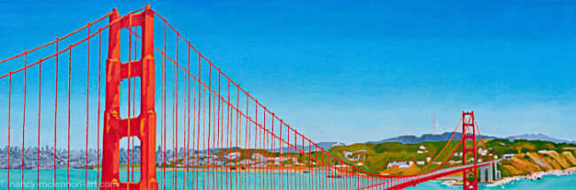 12″H x 36″W x 1-1/2″D original oil painting

Oil paint on stretched canvas mounted on wood stretcher bars

An original oil painting of the Golden Gate Bridge, under a clear blue sky and  the San Francisco skyline landscape in the background.

No need to frame

Certificate of Authenticity included with purchase of original

All rights reserved by Nancy L. McLennon