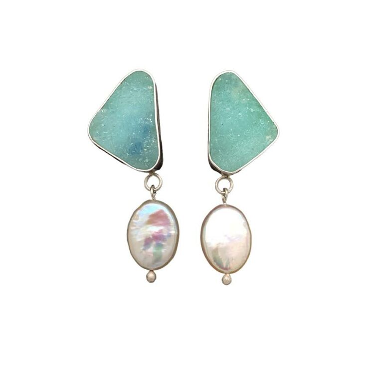 Very rare gem druzy hemimorphite Earrings set with pearls