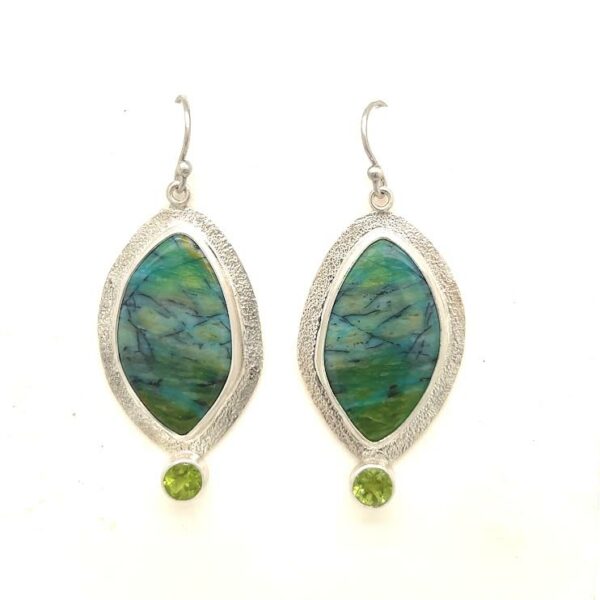 Indonesian Wood Opal Earrings in silver and Peridot accents