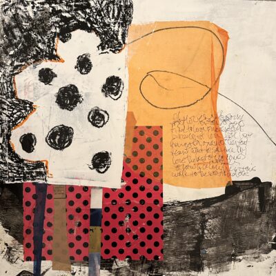 Waking Up Happy - Dyed papers, semiconductors writing, collage on panel 20 x 20 framed