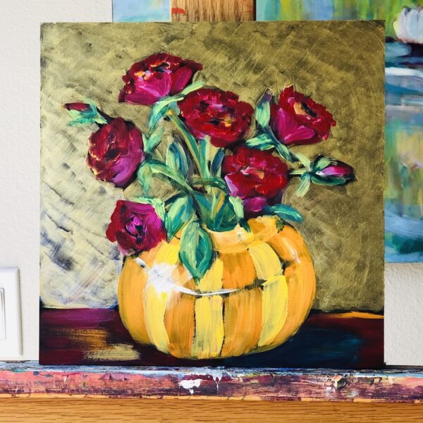Red Roses in Yellow Vase