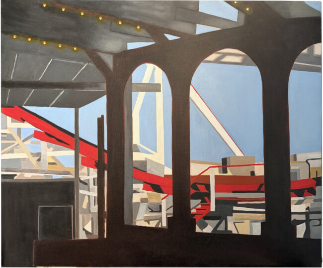 Depicts stylized interior view of 'Giant Dipper' roller coaster Santa Cruz.  Oil on canvas, 24 by 30 inches.