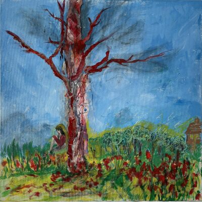 Acrylic and paper on canvas. 
24” x 24” (2023)  I began this piece by creating the tree, and it took me back to a memory – to my younger years when I used to enjoy sitting under the shade of a tree and reading... There is nothing like sitting under the big blue sky.