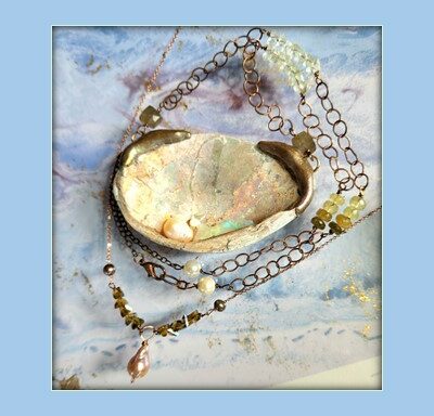 Catch a falling opal - Abalone shell with Ethiopian opal slice and pearl. Shown here with accent necklace